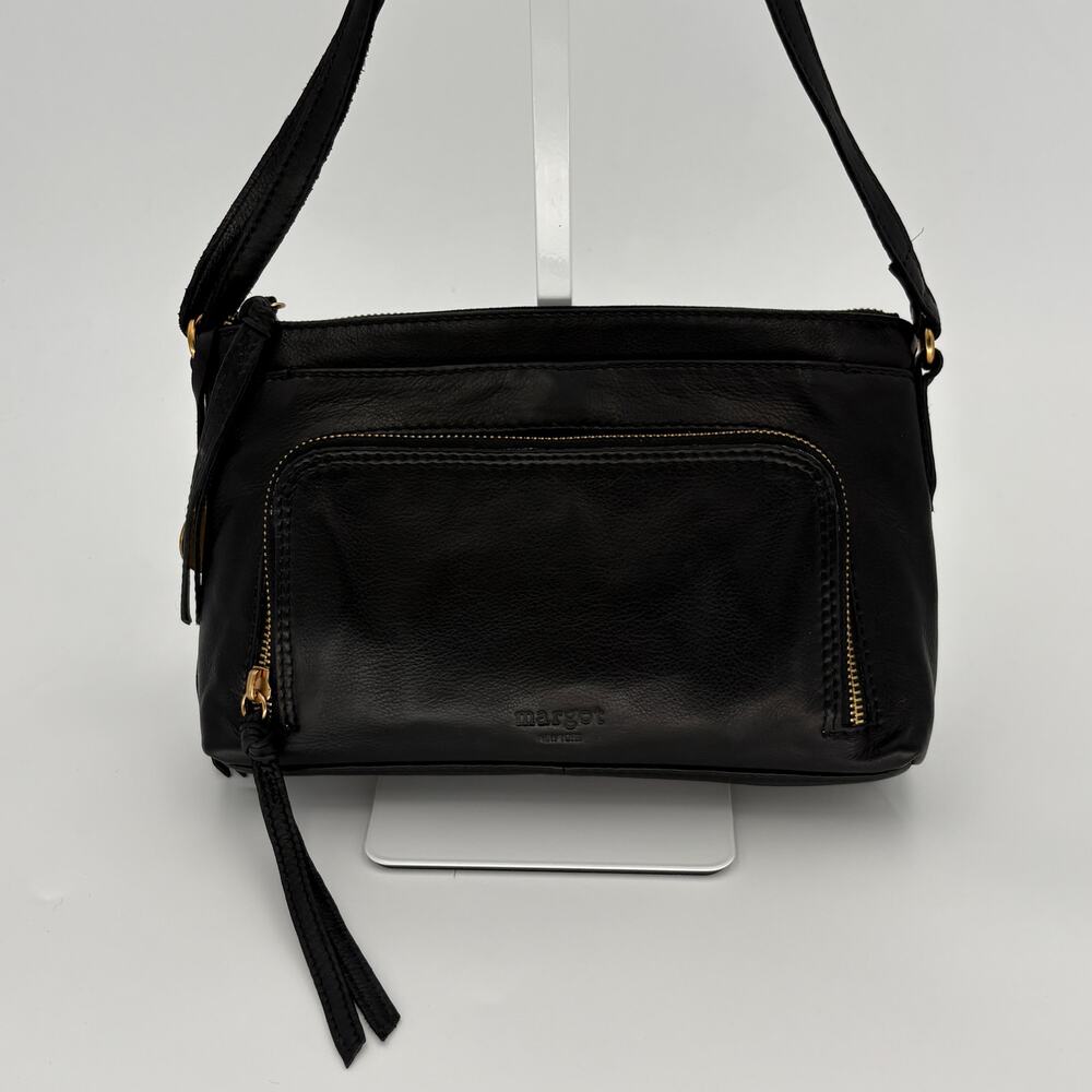 Margot NY Black Pebbled Leather Multi Zip Compact Crossbody Shoulder Bag